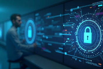 Refined Imagery Showcasing Integrated Cybersecurity Practices and AI Ethical Standards in Innovative Tech R&D Labs Photo Stock Concept with Left Space