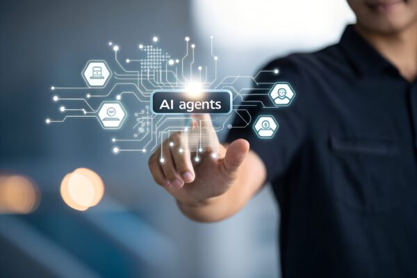 Businessman using AI agent interface for smart automation and digital communication Concept of artificial intelligence, chatbot, virtual assistant, and generative AI technology